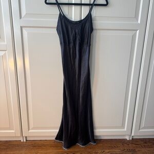 Vintage Navy Blue Maxi Satin Slip Dress w blue lace trim - size Small